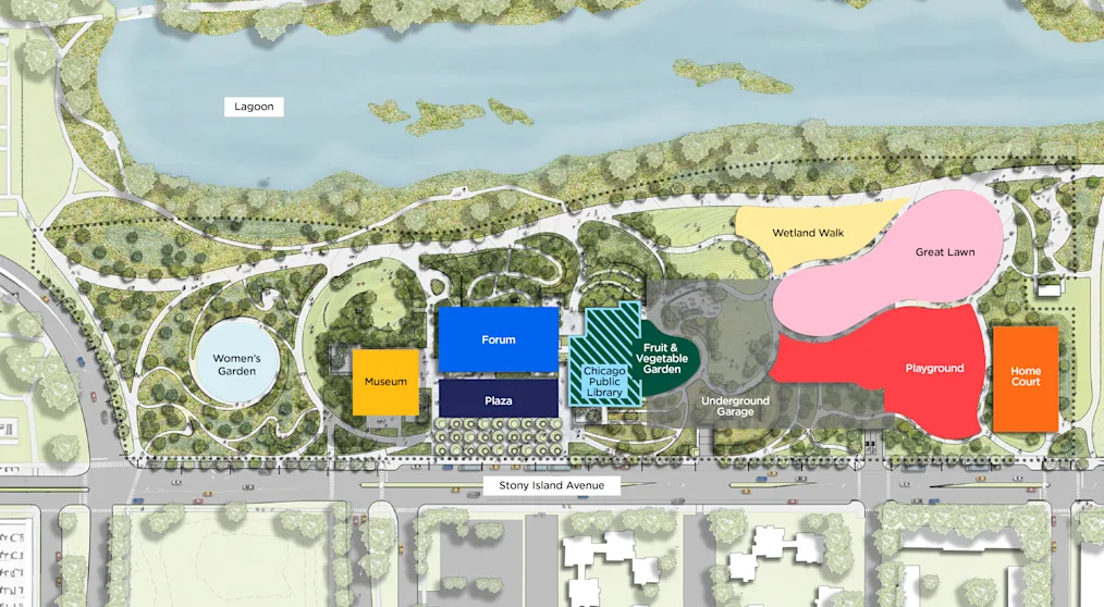 A map of the various buildings and outdoor spaces of the Obama Presidential Center Campus. Green space and paths weave between them. The area is bordered by city streets and, on the opposite side, a lagoon.