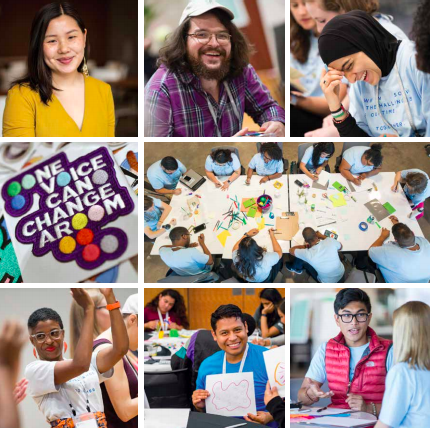 A collage shows of photos with people of various skin tones and nationalities. The top view is a group of people working on a project and a colorful patch with the wording, "ONE VOICE CAN CHANGE A ROOM." 
