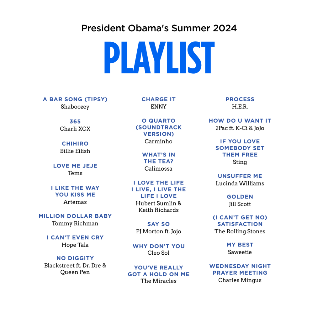 A graphic reads, “2024 Barack Obama summer playlist” and features 21 titles. In the background are the colors orange, red, blue, and purple.