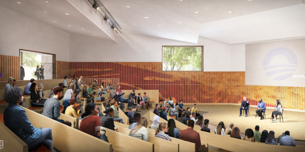 A graphic rendering of an auditorium at the Obama Presidential Center with wood tiered seating around a stage. People with a range of light to deep skin tones sit around the stage.