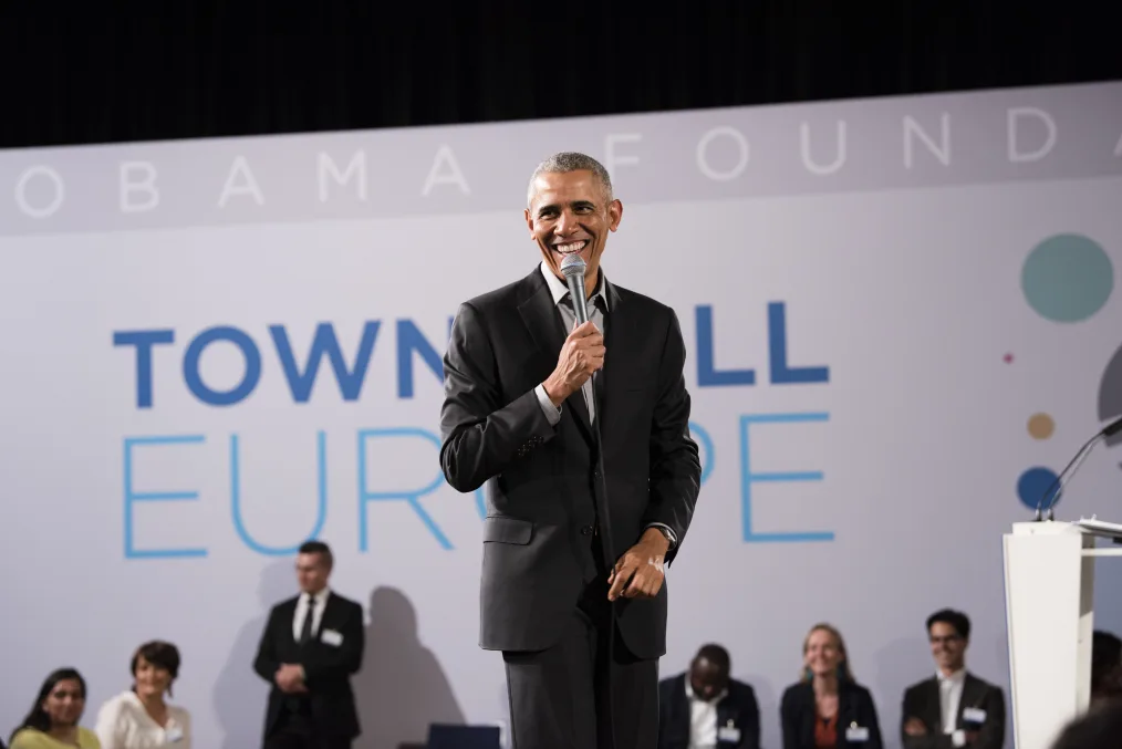 President Obama speaks at the town hall in Berlin in 2019