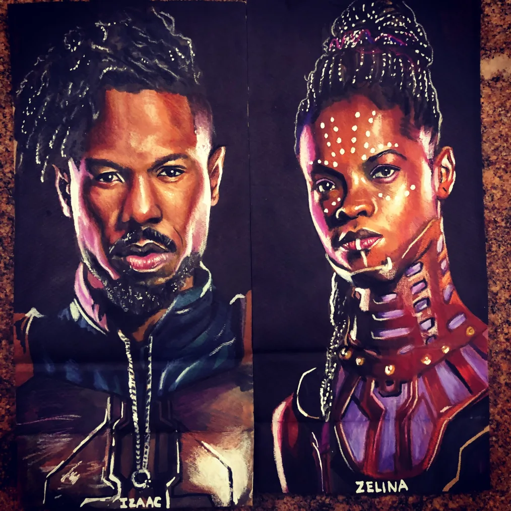 A painting on a brown paper bag of a man with a deep medium skin tone, black locs wear warrior gear. Beside it is another painting on a brown paper bag of a woman with a deep medium skin tone, black braids, and with tribal makeup. She wears warrior gear also. 