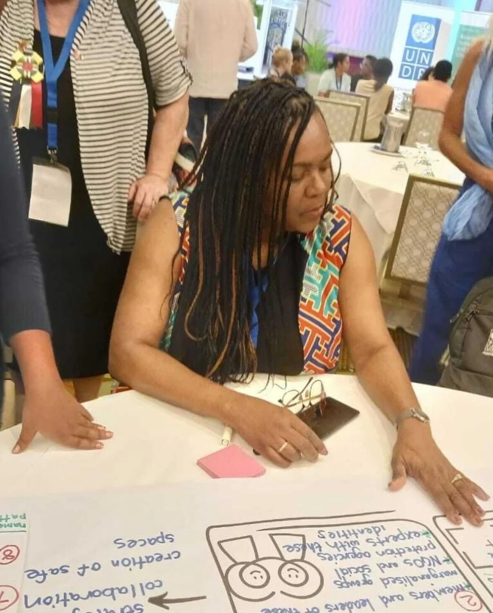 A Black woman with a medium skin tone sits at a table in a conference room. She has long black and brown box braids. She is wearing an orange, light blue, and dark blue Greek Key pattern vest. in the She states at a large piece of paper with a variety of drawings and text. On the table are a pair of glasses, an IPhone, pink post-it notes, and a marker. Behind the woman are a group of people standing around the table. They are a range of light to deep skin tones.
