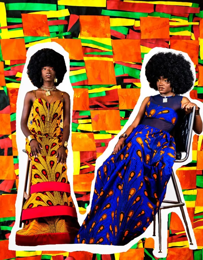 Fashion editorial of two Black women against a multicolored background.