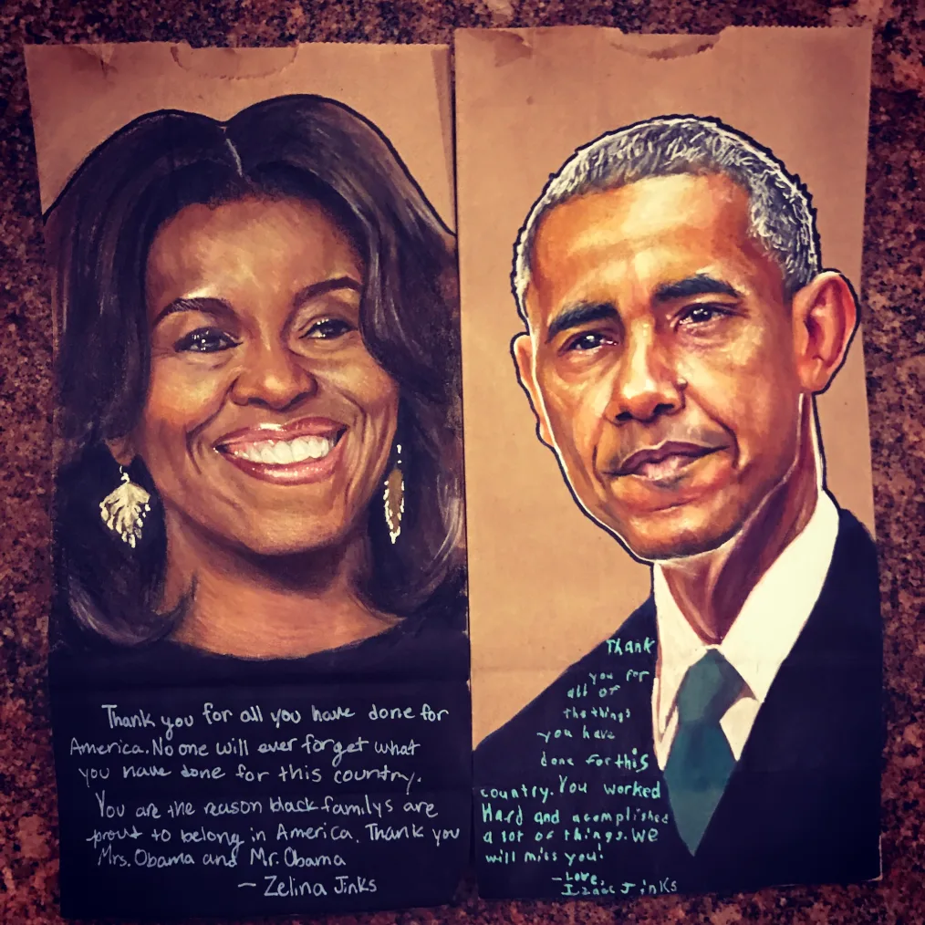 A painting of Michelle Obama and a painting of President Obama on brown paper bags sit beside one another with messages from the artist below  