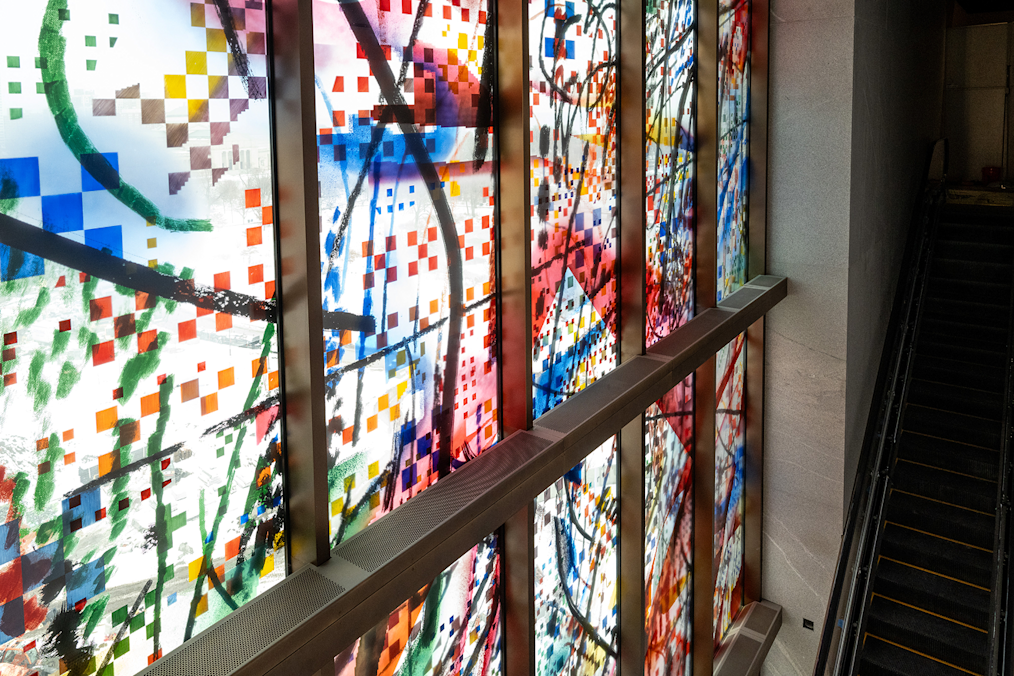 A close shot from the inside of the Museum Building of Julie Mehretu’s “Uprising of the Sun” installation at the Obama Presidential Center.