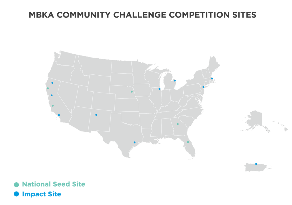 A grayscale map of the United States titled MBKA COMMUNITY COMPETITION CHALLENGE SITES. Green dots identifying NATIONAL SEED SITES are shown on Nebraska, coastal California, Georgia and Florida. Blue dots, indicating IMPACT SITES are shown on Illinois, Michigan, Massachusetts, New Jersey, inland California, New Mexico, Texas and Hawaii. 