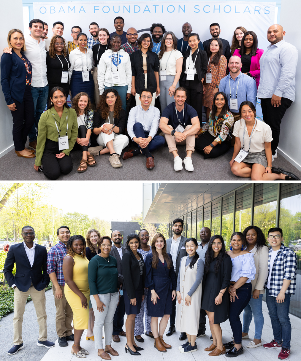 A collage with two photos. Both photos include a group of individuals of a variety of skin tones in professional attire. 