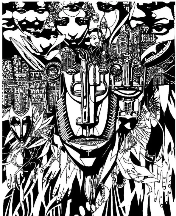 A black and white motif of various symbols, patterns, faces, cultural pieces, places, hands, and masks. It is very creative and chaotic.