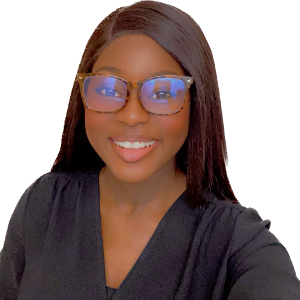 A headshot of Angel Asamaoh. Angel has a deep skin tone, long dark hair, and glasses. She is smiling into the camera. 