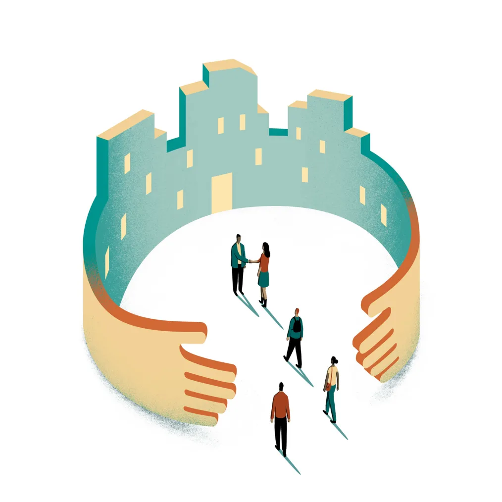 Illustration of a circle created by a set of arms that are curved like an embrace. The hands are somewhat separated, creating an opening in the circle through which people enter and greet each other.