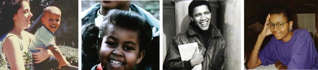 Four photos in a horizontal collage show childhood and young photos of Barack and Michelle Obama.