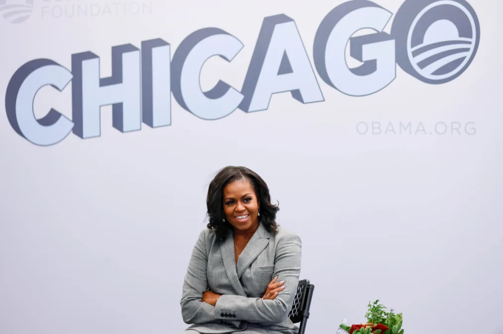 Mrs. Obama meets with Hyde Park Academy students at the Obama Foundation office in Chicago, IL on December 3, 2021.