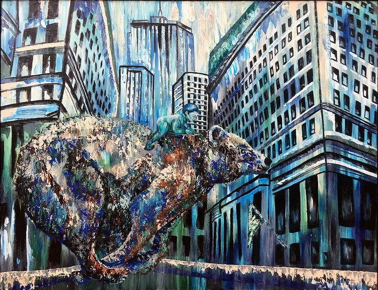 A painting of a girl riding a bear in a cityscape.