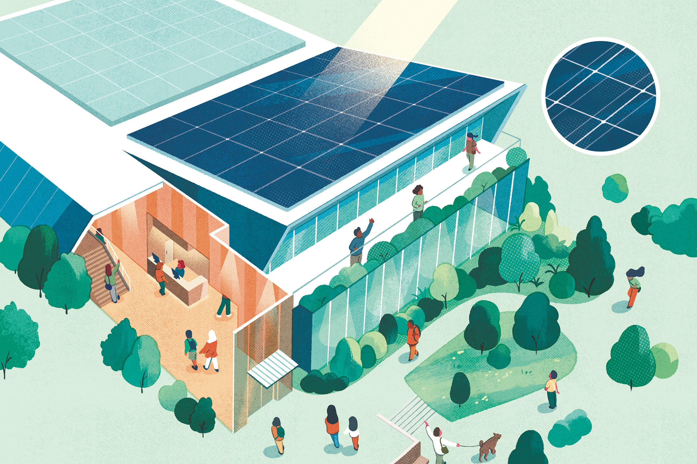 A blue and green colored illustration of community members of al ages interacting at Home Court at the Obama Presidential Center. 