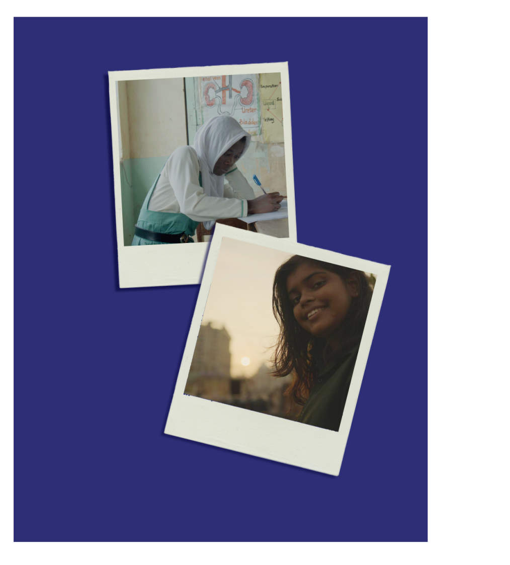 Two polaroid photos of women with medium-deep and deep skin complextions. The top photo is of a woman, with deep skin tones, and a hijab, writing at a table. In the background is an illustration of the atonomy of the human waste filtering organs. The picture of to the right but slightly below is the medium-deep skin toned women. She has long brown hair and is smiling while taking the selfie. 
