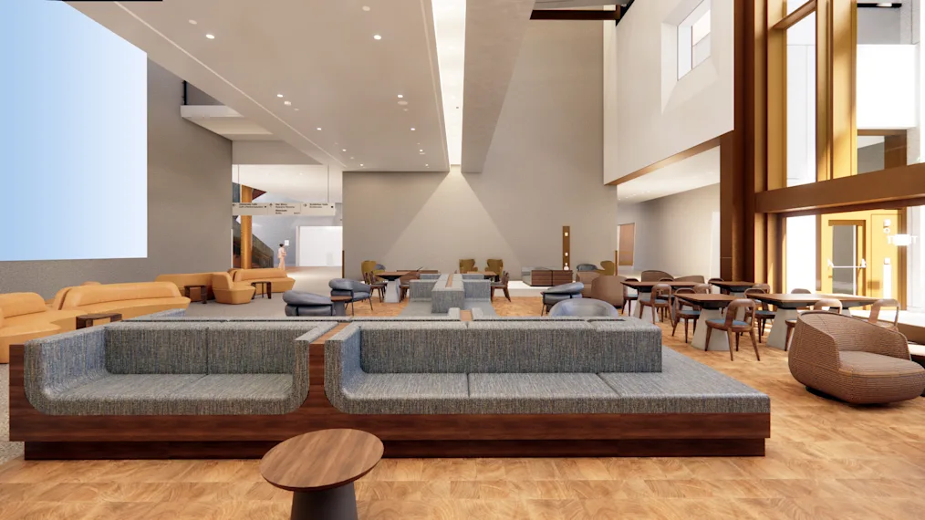 A digital rendering of theMuseum Atrium at the Obama Presidential Center, showcasing a large room with modern-style couches and seating areas with tables.