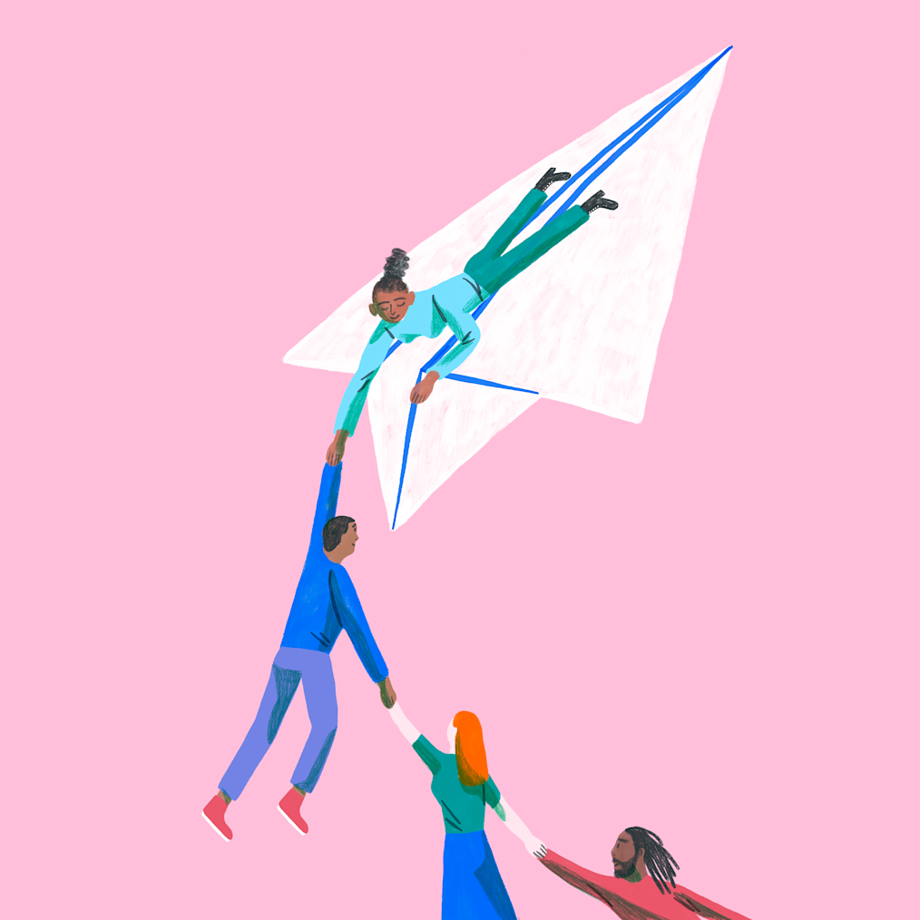 An illustration of four people with a range of light to deep skin tones lifting one another up on top of a paper plane. The background is pink. 