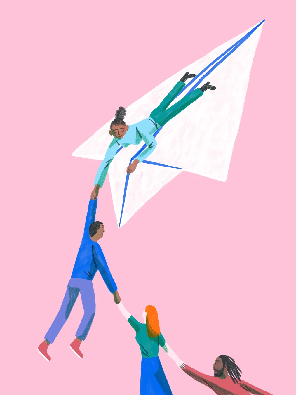 An illustration of four people with a range of light to deep skin tones lifting one another up on top of a paper plane. The background is pink. 