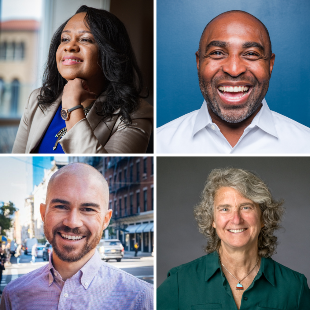 A combination picture that includes the headshots of Ny Whitaker, Clarence Fluker, Jason Rahlan, and Pam Coleman. (From left to right:) Ny Whitaker has a medium deep complexion, long black hair, and dark brown eyes. She is wearing a gold blazer, a blue shirt, and a black watch with a gold frame. She is smiling off into the distance looking away from the camera to the left side. Behind her is a brown wall and a window that overlooks a city building. Jason Rahlan has a pale complexion, dark eyes, a bald head, and a dark brown goatee. He is wearing a checkered shirt and smiling into the camera. Behind him is a city street (presumably a street in Manhattan, New York.) Clarence Fluker has a deep medium skin complexion, a bald head, brown eyes, a mustache, and a closely cut goatee. He is wearing a white button down shirt and smiling into the camera. The background behind him is blue. Pam Coleman has a light olive complexion, blue eyes, and gray wavy hair. She is wearing a green shirt, a blue and red pendant necklace, and smiling into the camera. The background behind her is gray.