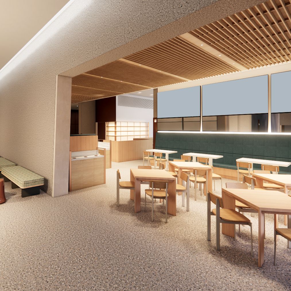 A rendering of the cafe at the Obama Presidential Center. The room features beige decor and light wooden tables and chairs. It is a quick grab-and-go café near museum exhibits featuring coffee, seasonal pastries, and freshly prepared sandwiches.