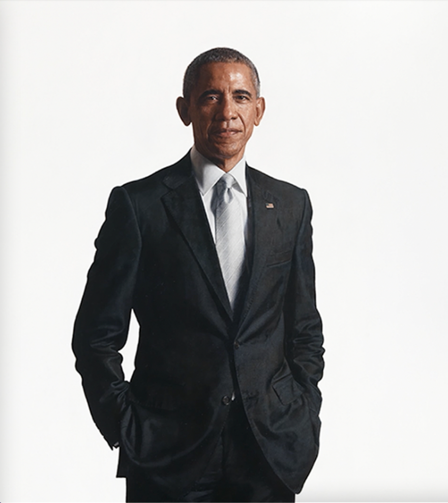 President Barack Obama, dressed in a black suit with a grey tie, stands prominently at the center of the canvas.