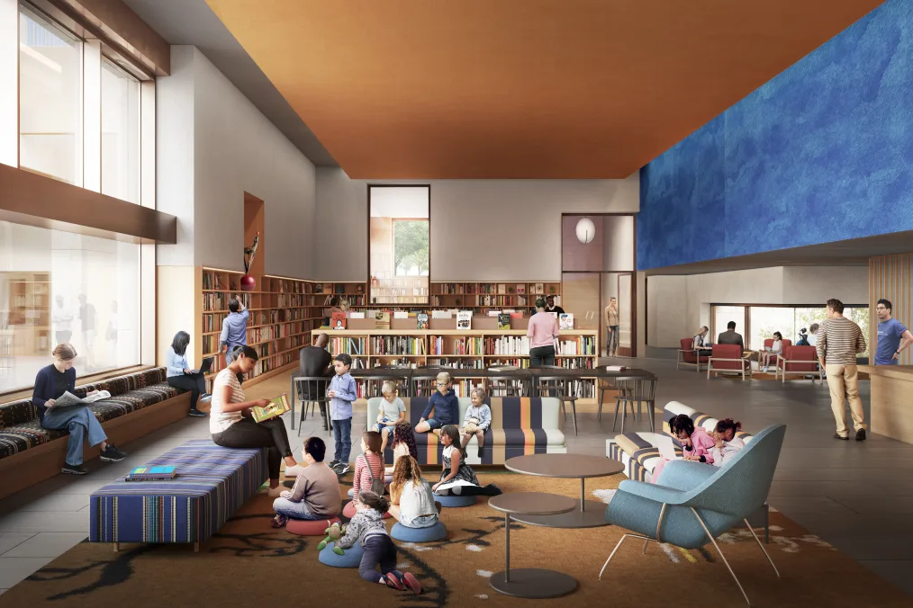 A rendering of the public library branch at the future Obama Presidential Center. Children listen to a woman reading a book while other people explore.