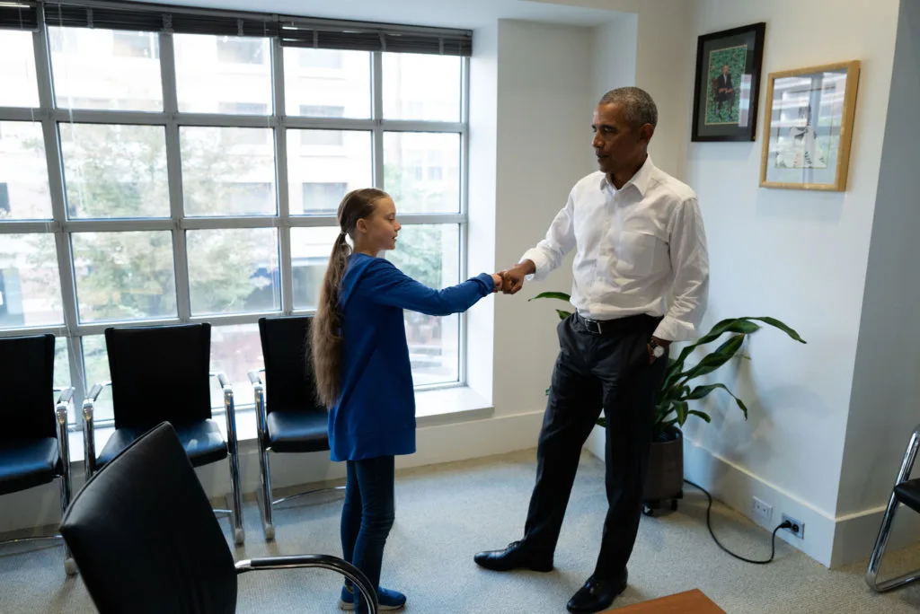 President Barack Obama meets with Greta Thunberg the Swedish teenager who is working to raise global awareness on the risks posed by global warming and climate change. rrPlease credit "The Obama Foundation" when posting. The photographs may not be manipula