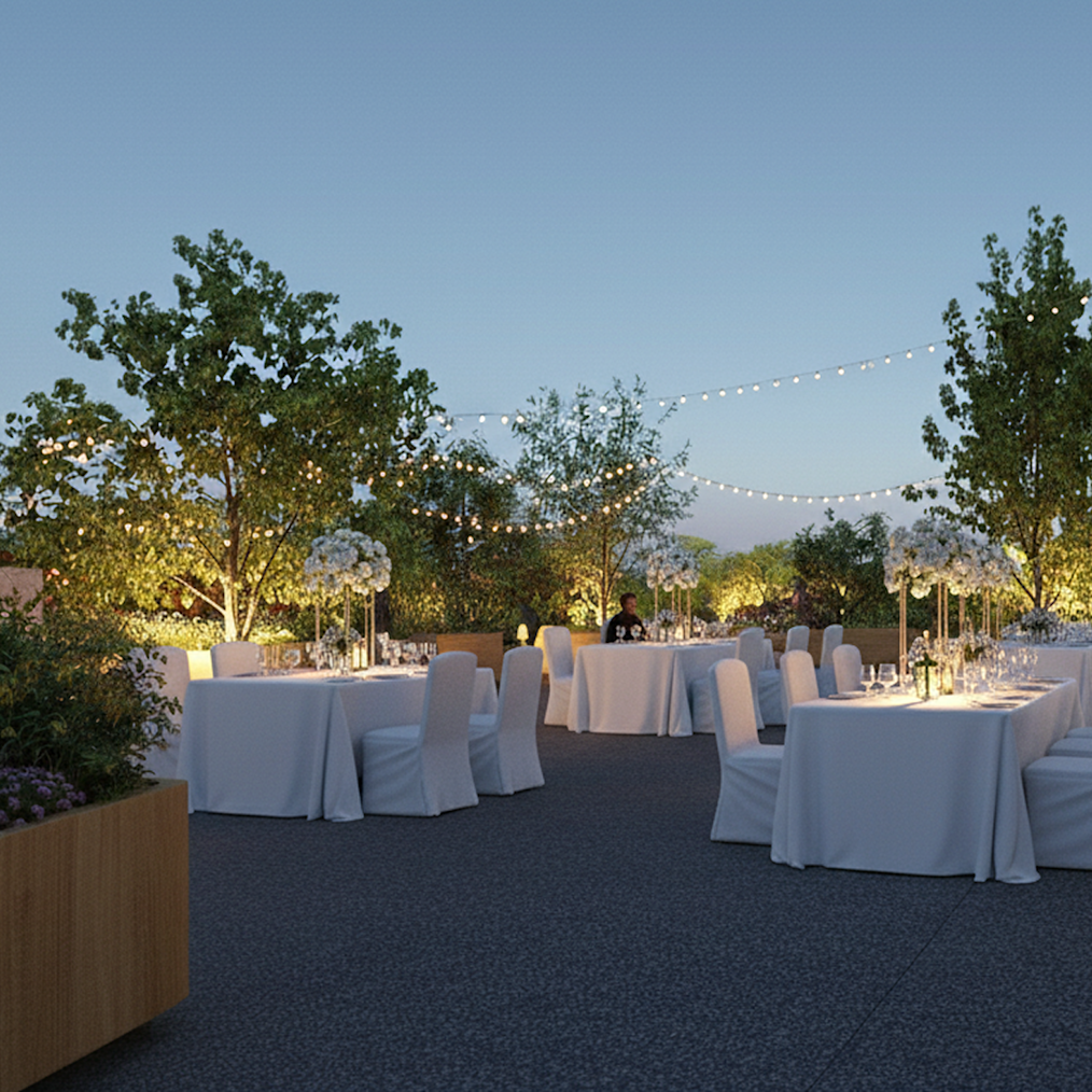 A rendering of decorative white tables and chairs on the exterior of the Obama Presidential Center. 