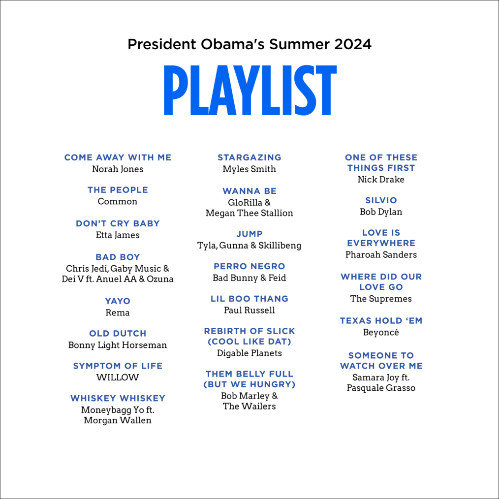 A graphic reads, “2024 Barack Obama summer playlist” and features 23 titles. In the background are the colors orange, red, blue, and purple. 
