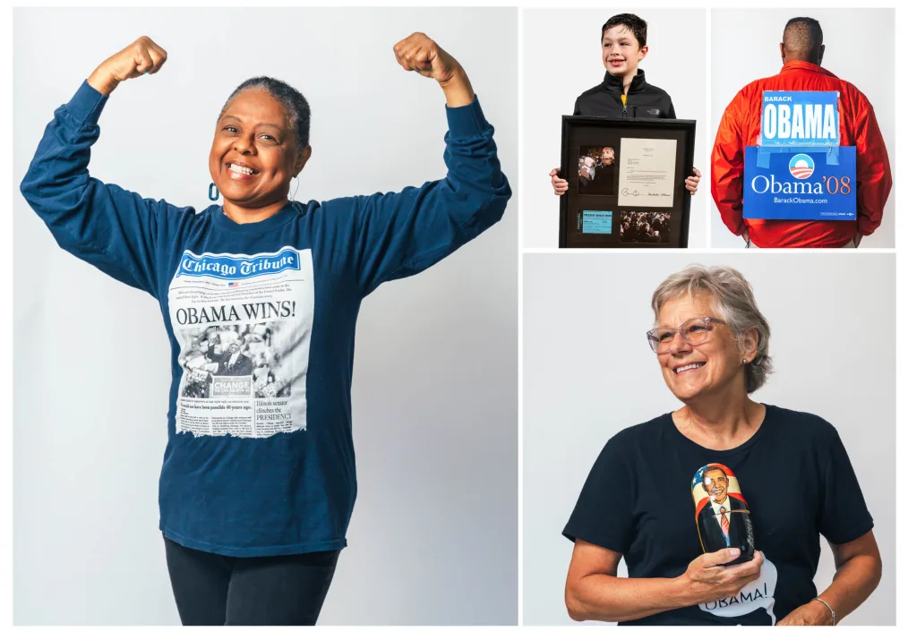 Four Chicagoans show off their Obama keepsakes during a community collection event this summer. From t-shirts to signs to nesting dolls, these mementos help tell the story of the Obama presidency.