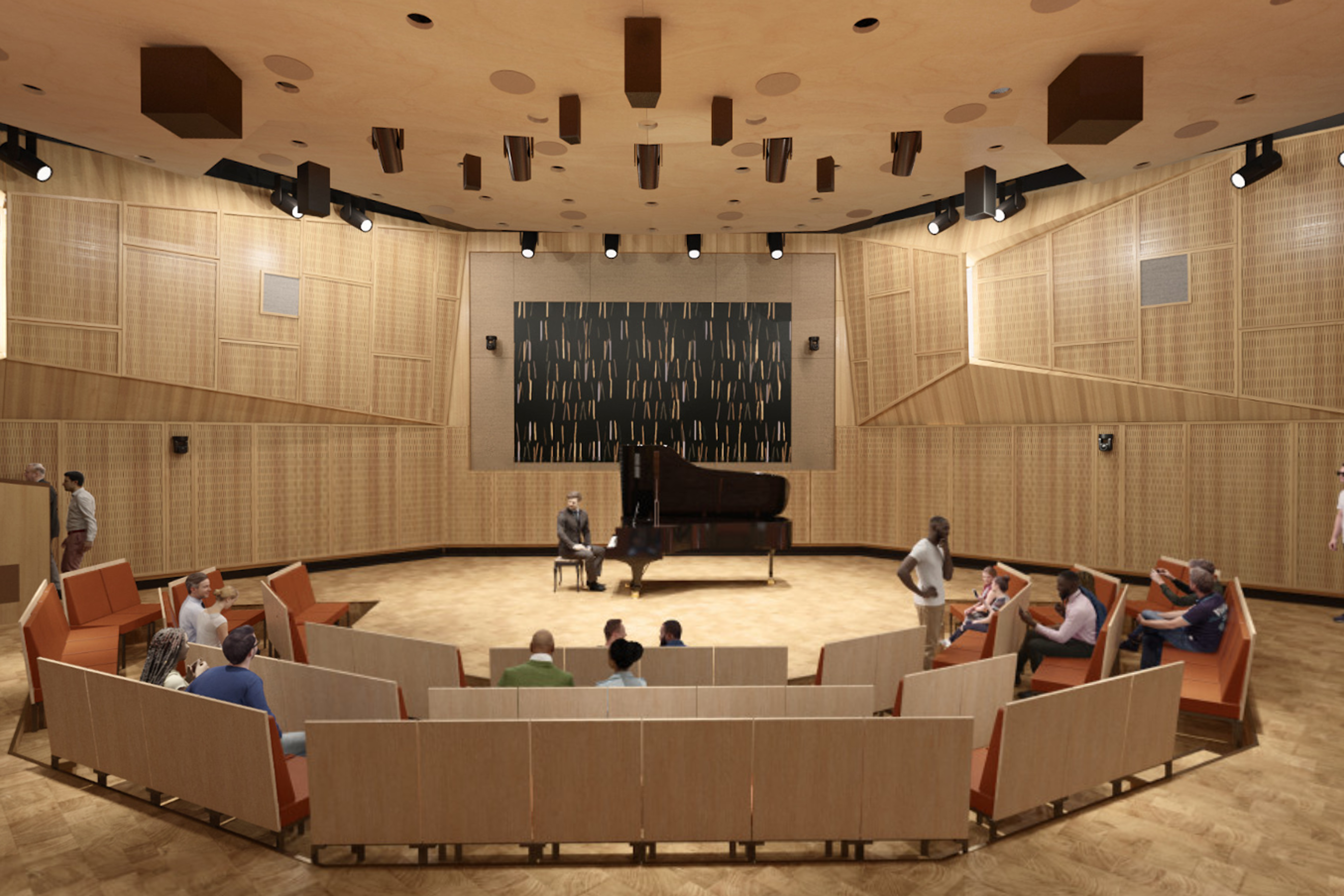 A rendering of the Elie Wiesel Auditorium at the Obama Presidential Center. A group of people of all ages and skin tones sit around the circular stage. In the center of the floor is a pianist on a piano, art, and room lights. The Auditorium is a light brown color made primarily of wood. 