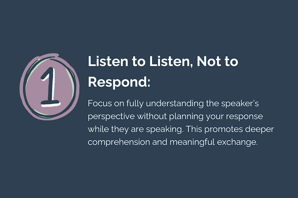 A graphic reads, “Listen to Listen, Not to Respond” and “Focus on fully understanding the speaker’s perspective without planning your response while they are speaking. This promotes deeper comprehension and meaningful exchange.