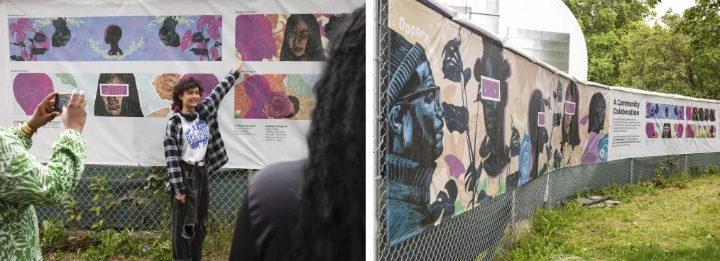 Eva Bradley, a young woman with a light medium skin tone, stands and points at a mural at the site of the Obama Presidential Center. Eva is wearing a flannel t-shirt and has curly brown hair with pink tips. The mural in the background features illustrations of young people.