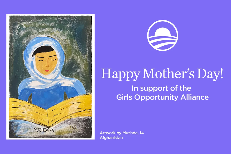 A card reads, "Happy Mother's Day" and "In support of the Girls Opportunity Alliance." On the left, is an illustration of a girl reading a book. She has a light skin tone and is wearing a blue hijab. 