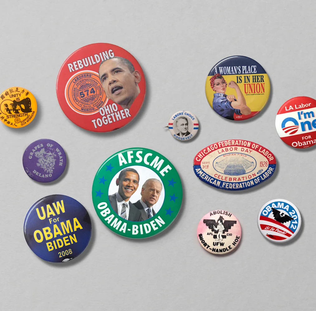 A composite of 11 different buttons from labor unions that supported President Obama with each button reflecting a different union.