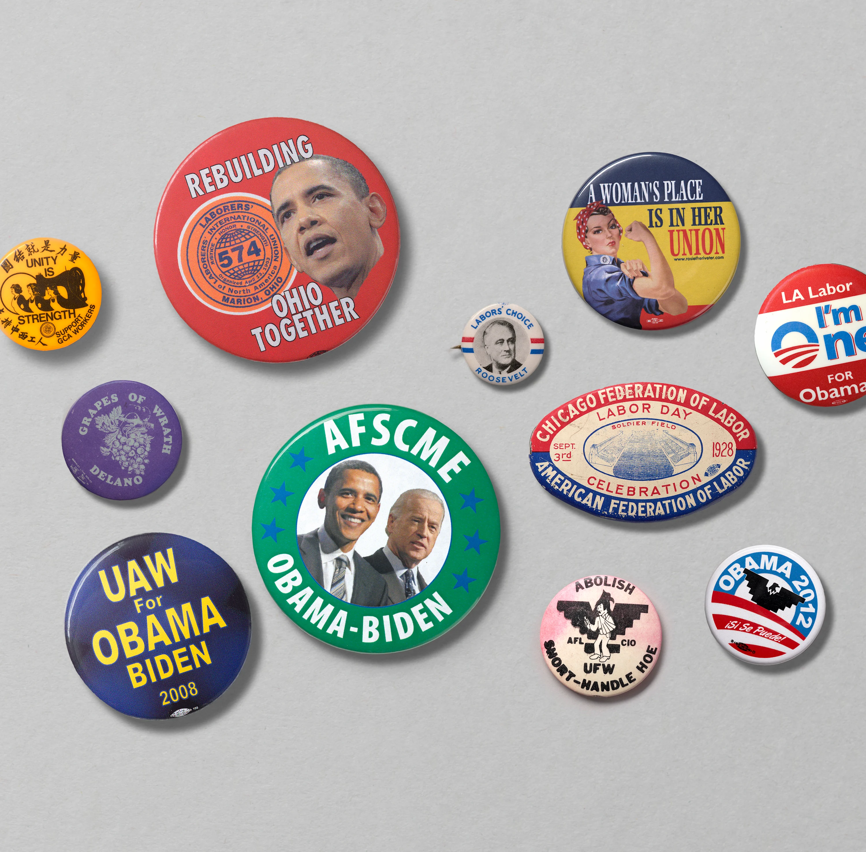 A composite of 11 different buttons from labor unions that supported President Obama with each button reflecting a different union.