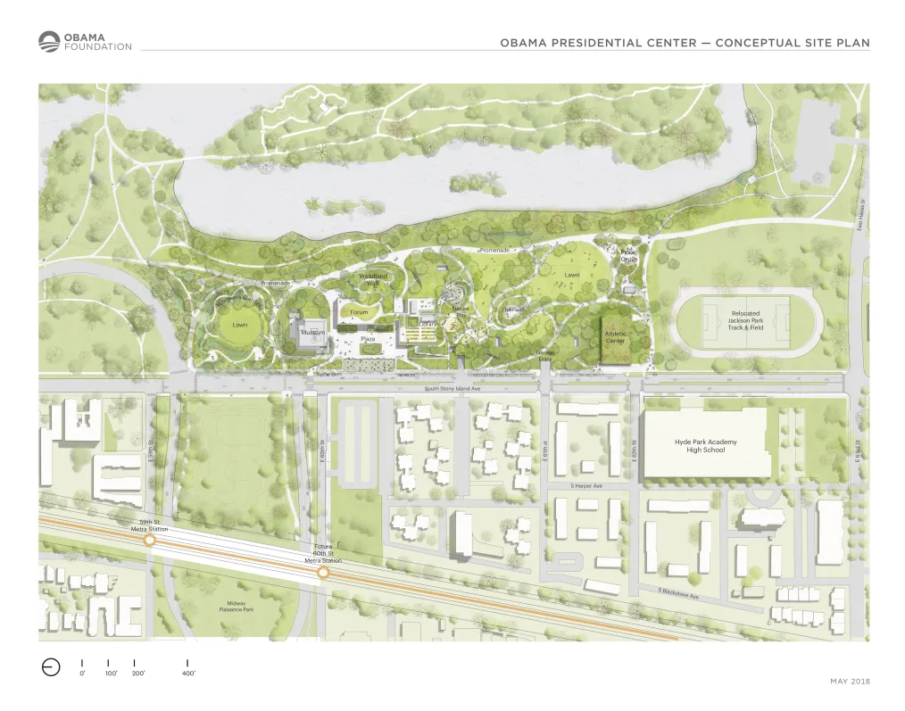 A mostly green and gray site-plan map of the Obama Presidential Center with a focus on buildings, pathways and roads.