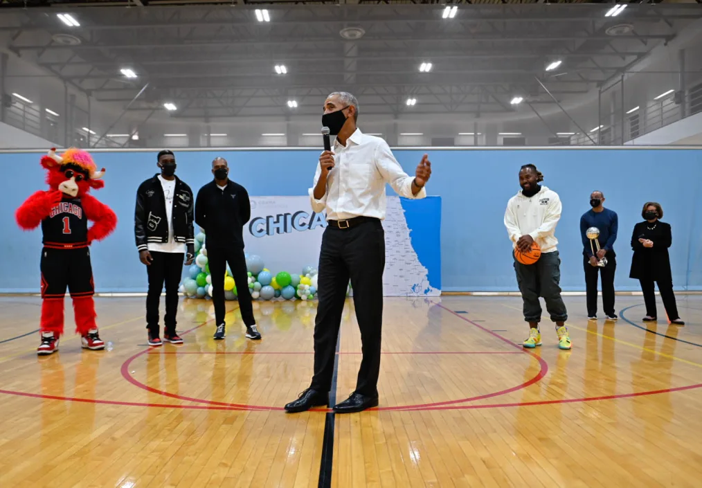 President Obama drops by a community event at the South Side YMCA in Chicago, IL on December 2, 2021.