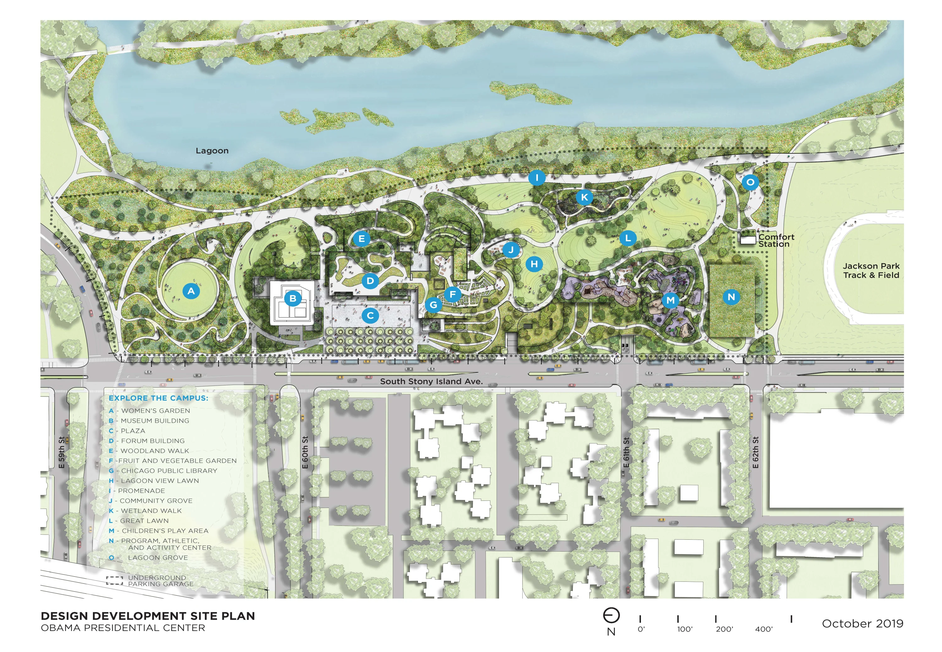 A mostly green and gray graphic map with buildings marked with letters of the alphabet. The words "Design Development Site Plan, Obama Presidential Center" are written at the bottom, along with "October 2019" in the right bottom corner.