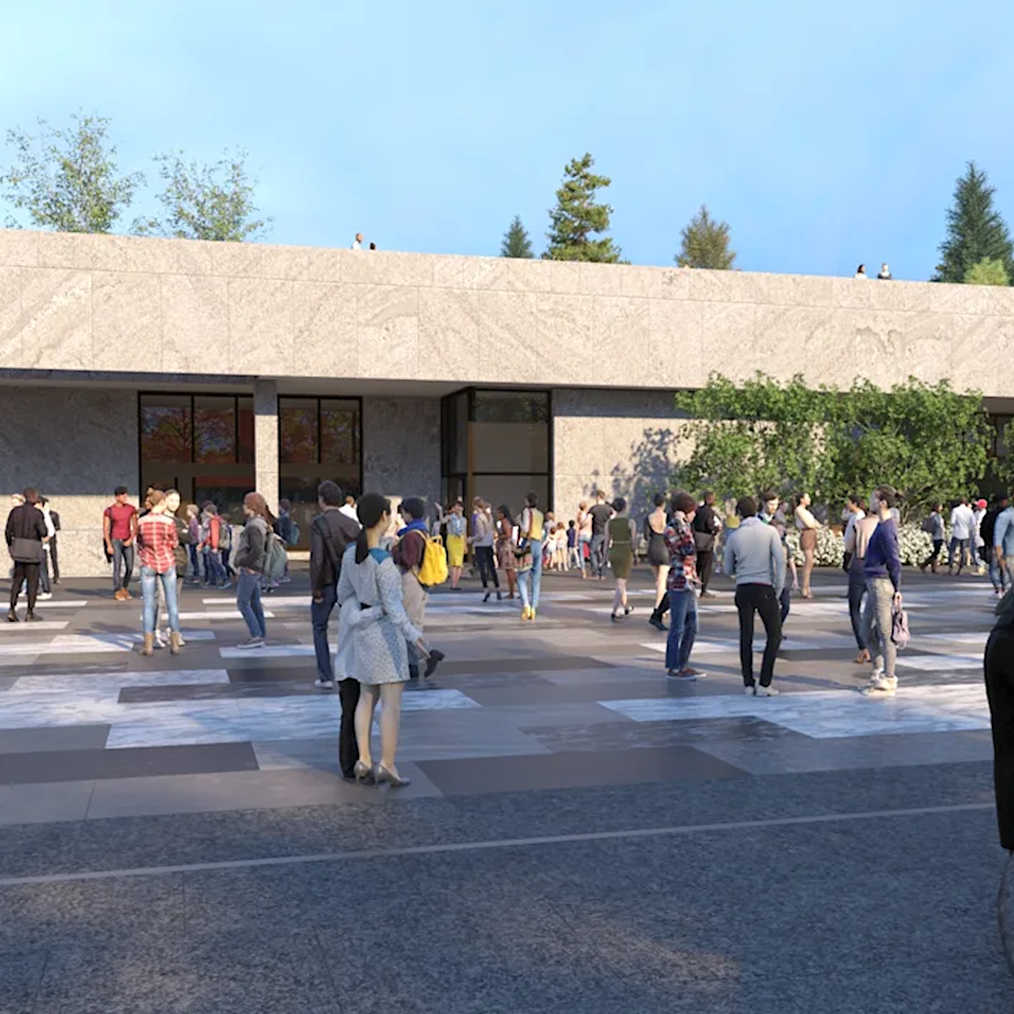 A rendering of people of all ages and skin tones standing on the John Lewis Plaza at the Obama Presidential Center. The floor of the Plaza is a checkered square pattern. The Forum Building is in the background. 