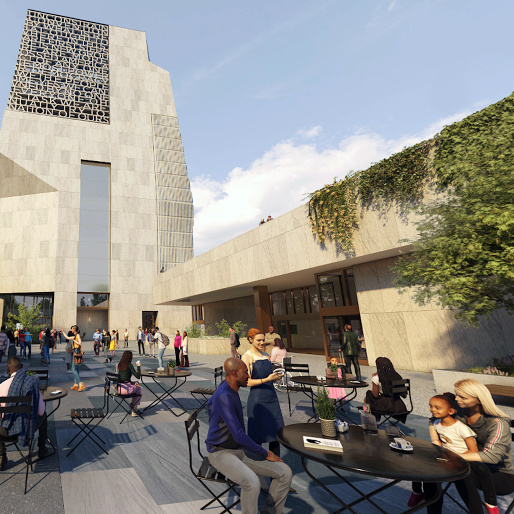 A rendering of people of all ages and skin tones gathering at several picnic tables on the John Lewis Plaza at the Obama Presidential Center.