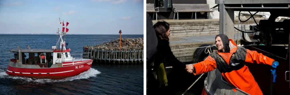 This is a collage of two photos. On the left, there is a small red and white boat in a body of water, approaching a fenced pile of stones. On the right, there is a light skin toned man dressed in an orange rubbery jumpsuit, standing in a boat shaking hands with a woman leaning over the dock.  