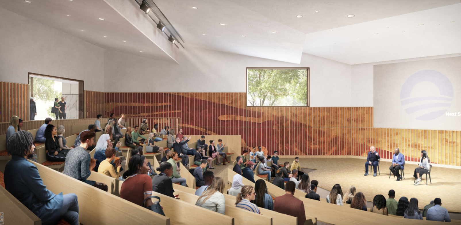 Rendering of the Forum filled with an audience observing a panel conversation on a stage