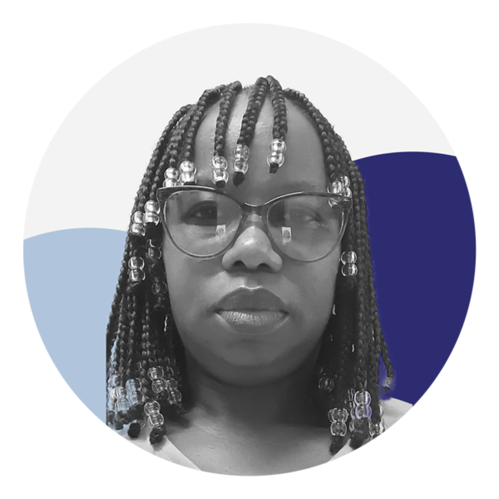 A Black woman with braided hair adorned with beads is facing the camera with a straight expression. She is wearing dark framed glasses. The photo is black and white and features two circles, one which is light blue and the other dark blue. 