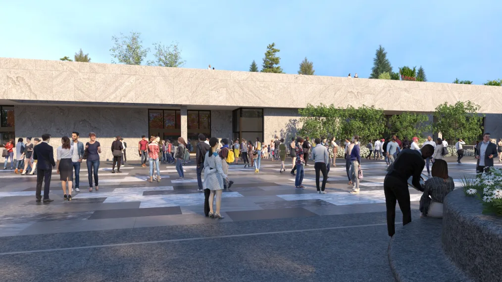 A graphic depiction of people milling around a tiled courtyard in front of a long, rectangular building. 