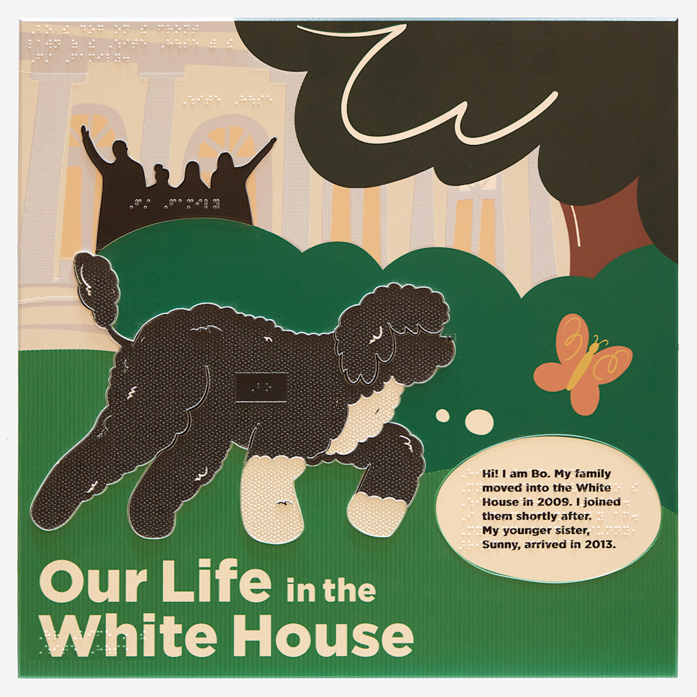 Digital signage from an exhibition in the Museum that details life in the White House through the eyes of President and Mrs. Obama’s dog, Bo. The signage has the words “Our Life in the White House”. Bo is a dark colored dog with curly fur. Behind him is green grass. Next to him is an animated butterfly and a tree. In the center of Bo’s fur is a raised braille sign. 