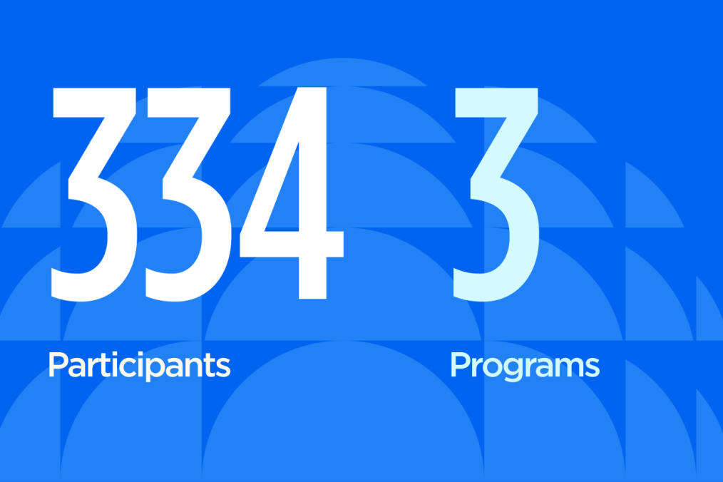 A blue graphic reads, “334 participants” and “3” programs.” The text is white and light blue.