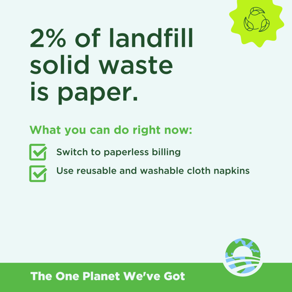 A light green graphic with the words "2% of landfill solid waste is paper. What you can do right now: Switch to paperless billing, Use reusable and washable cloth napkins."