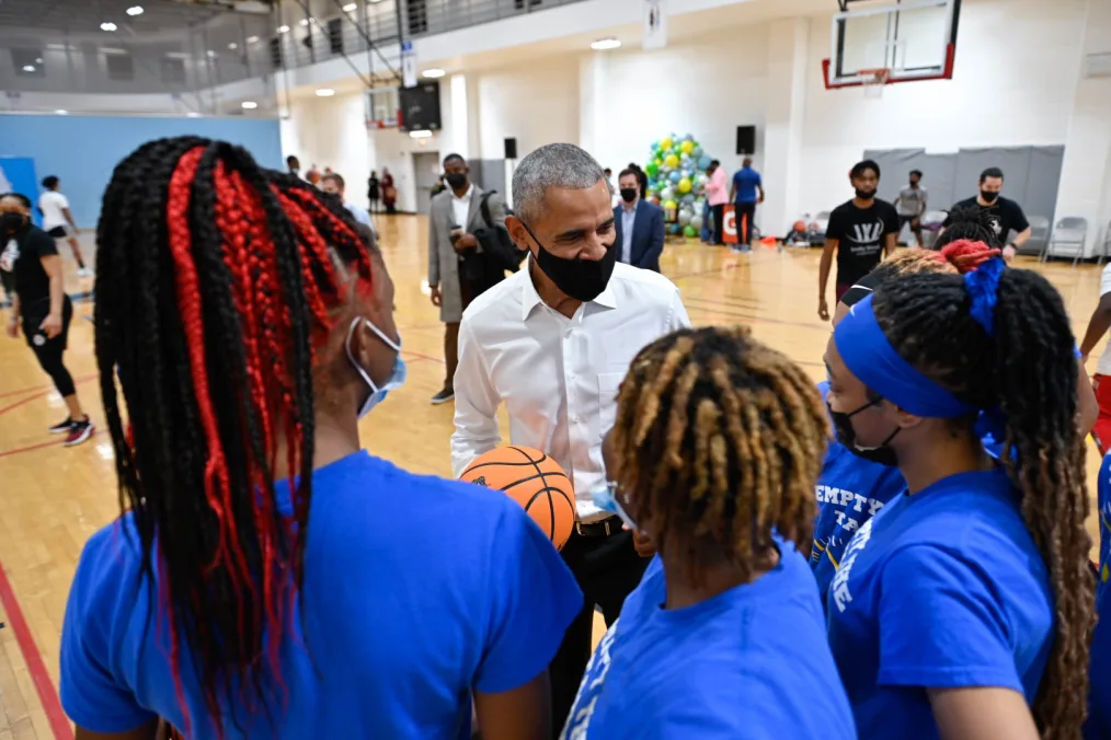 President Obama drops by a community event at the South Side YMCA in Chicago, IL on December 2, 2021.